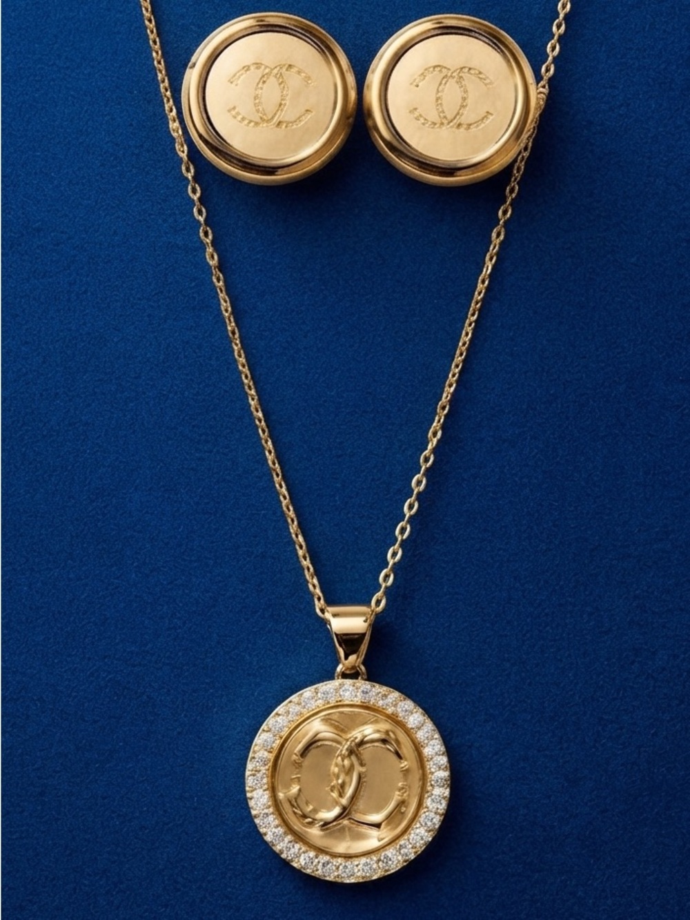 Gold-Tone Lettered C Medallion Necklace and Matching Earrings